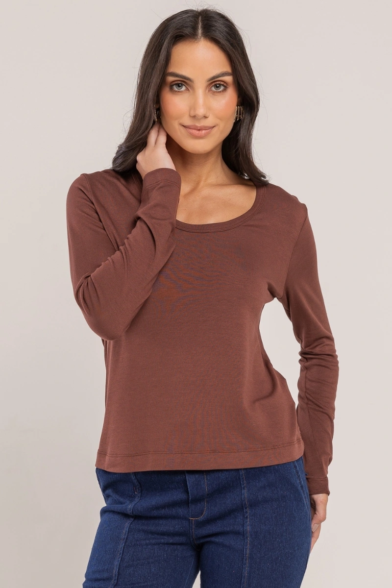Hidrogênio - BLUSA TRICOT DECOTE U MG LONGA NUTELLA - 20682276