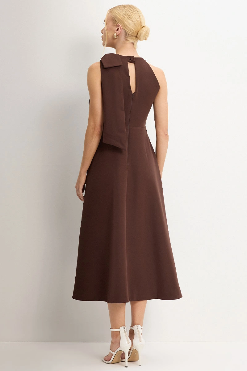 Miss Misses - Iolanda dress with bow, pearl detail, brown collar. - 54775214