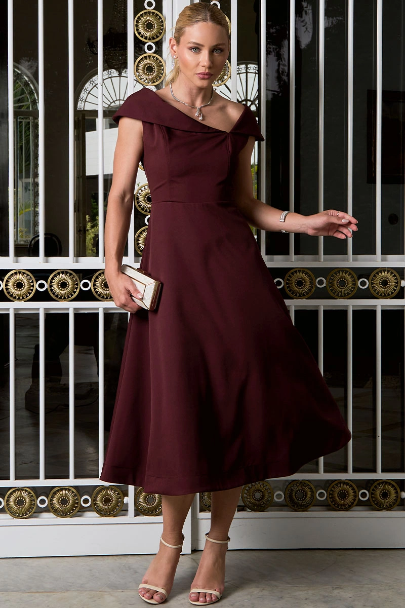 Miss Misses - Antonia Dress with Princess Collar and Zipper, Wine Color - 54748006