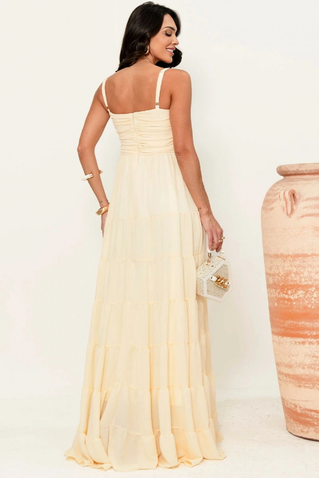 Miss Misses - Maisa II Long Dress with Straps and Gathered Detail, Yellow - 54733003