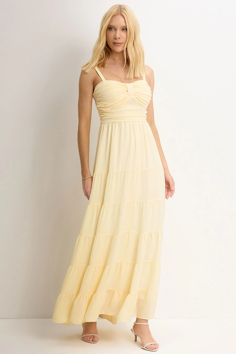 Miss Misses - Maisa II Long Dress with Straps and Gathered Detail, Yellow - 54733003