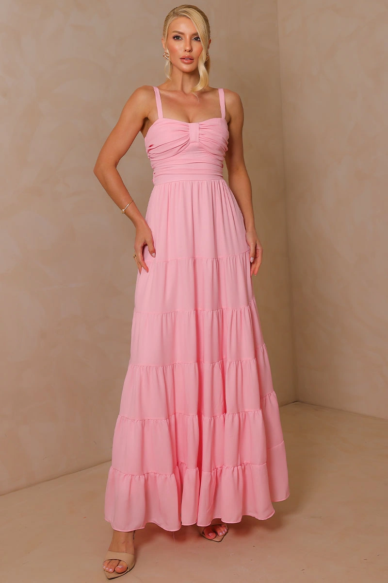 Miss Misses - Vestido Longo Maisa II Fluido com Busto Drapeado Rosa - 54733060