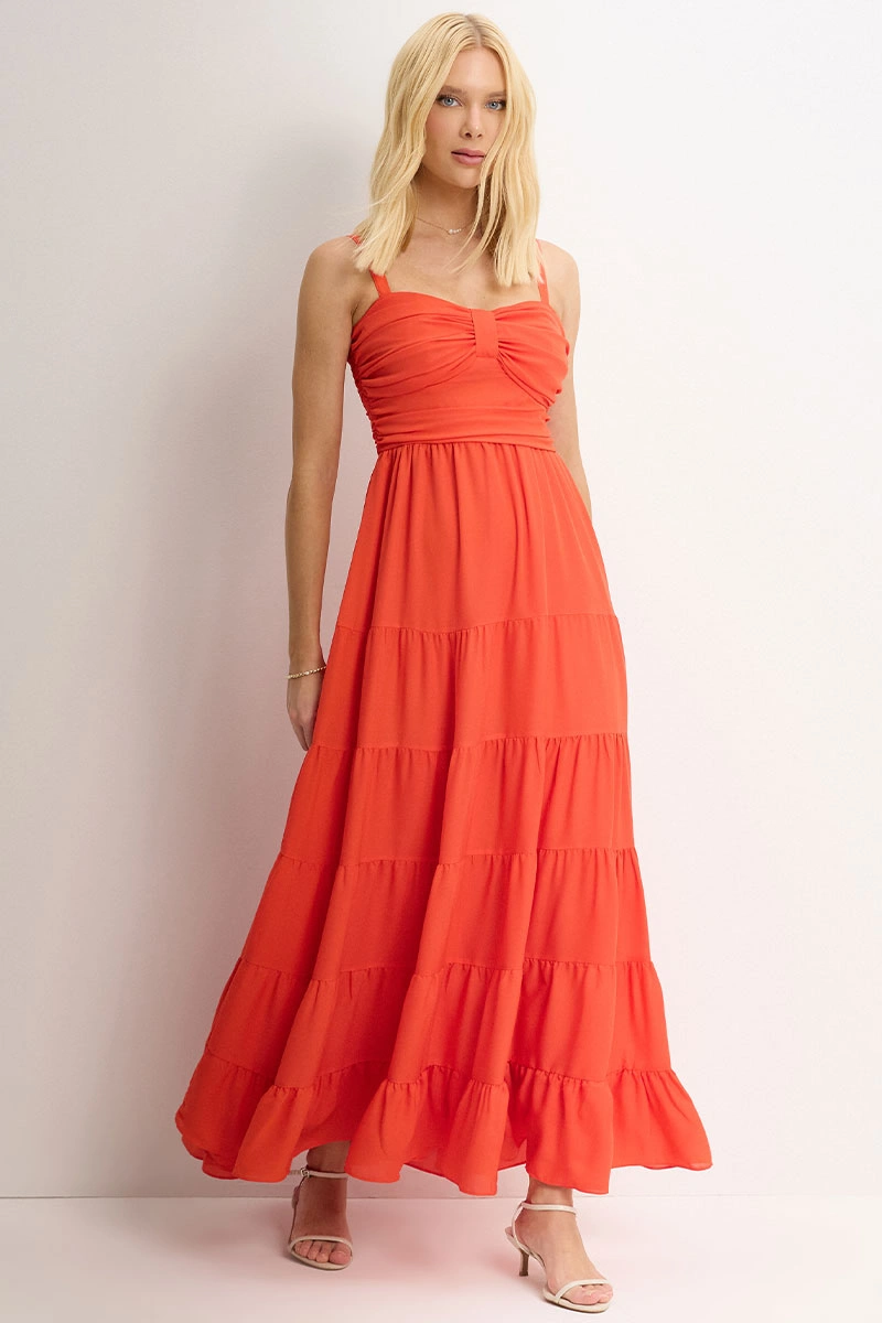 Miss Misses - Maisa II Long Dress with Straps and Gathered Detail, Orange - 54733216