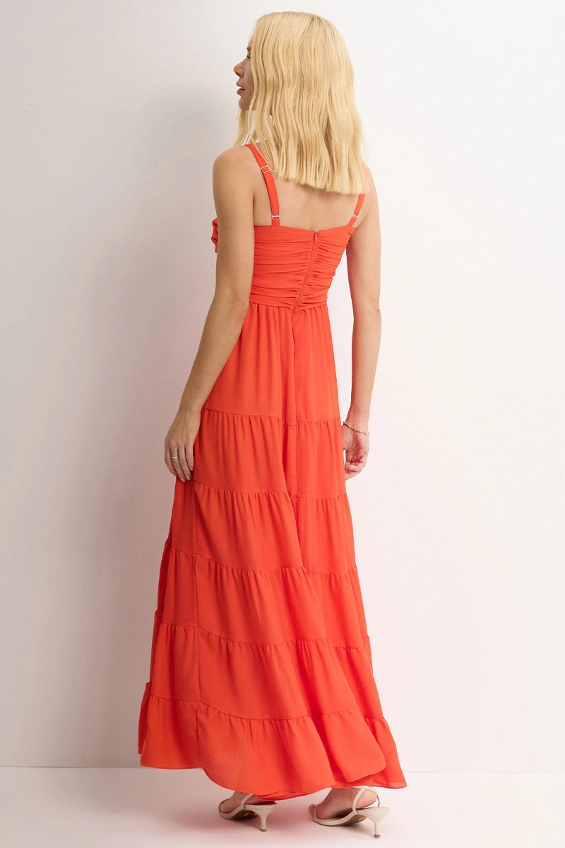 Miss Misses - Maisa II Long Dress with Straps and Gathered Detail, Orange - 54733216