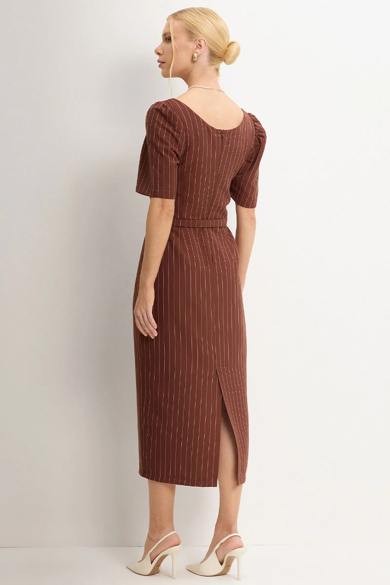 Miss Misses - Georgia Dress, Medium Pinstripe Print, with Brown Belt - 54749214