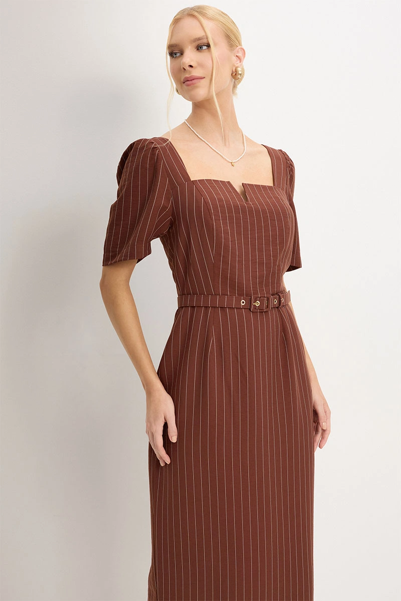 Miss Misses - Georgia Dress, Medium Pinstripe Print, with Brown Belt - 54749214