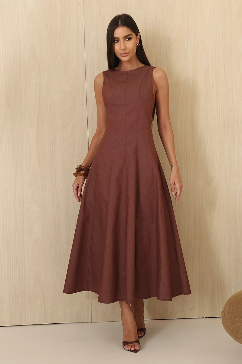 Dot Clothing - Dress Dot Clothing Midi Bel A-line with Topstitching, Brown - 3010MARROM