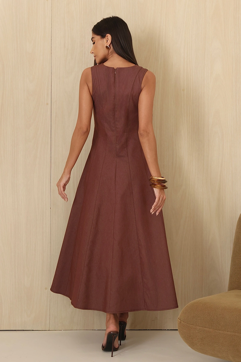Dot Clothing - Dress Dot Clothing Midi Bel A-line with Topstitching, Brown - 3010MARROM