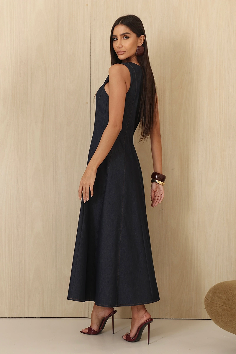 Dot Clothing - Dress Dot Clothing Midi Bel A-line Dress with Topstitching in Blue Denim - 3010AZUL