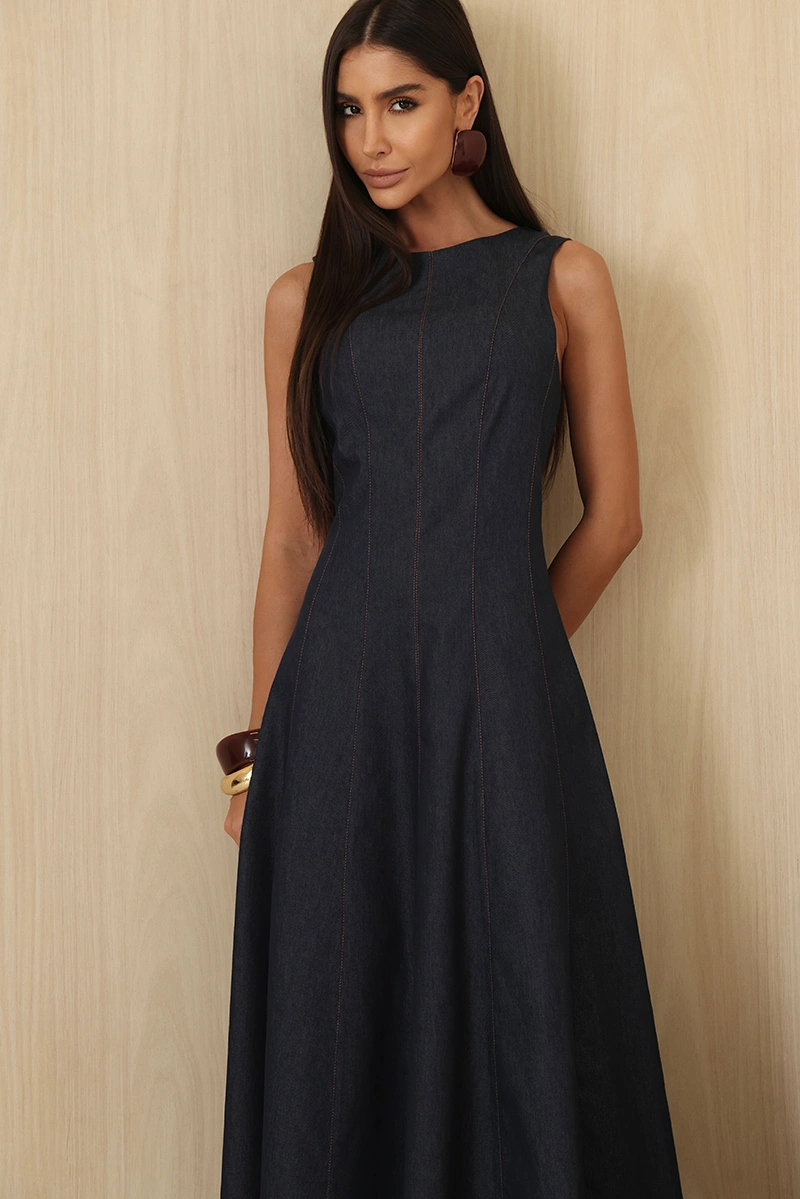 Dot Clothing - Dress Dot Clothing Midi Bel A-line Dress with Topstitching in Blue Denim - 3010AZUL