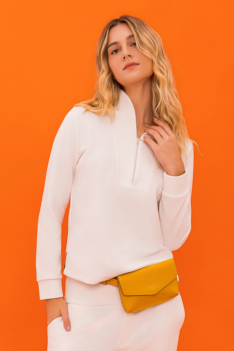 Hidrogênio - Off-white long blouse with collar and zipper, short sleeve. - 20744018