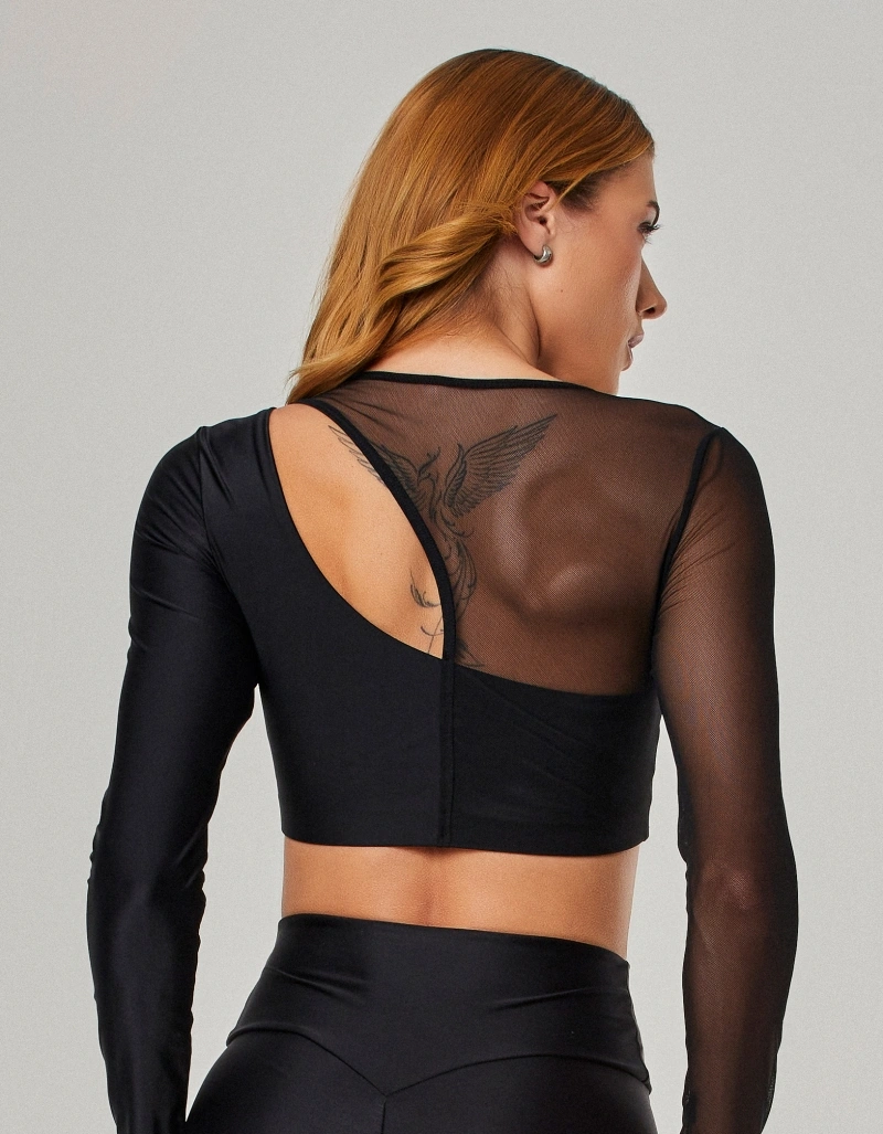 Vestem - Thalia Black Asymmetrical Long Sleeve Shirt with Tulle - BML500.O26.C0002