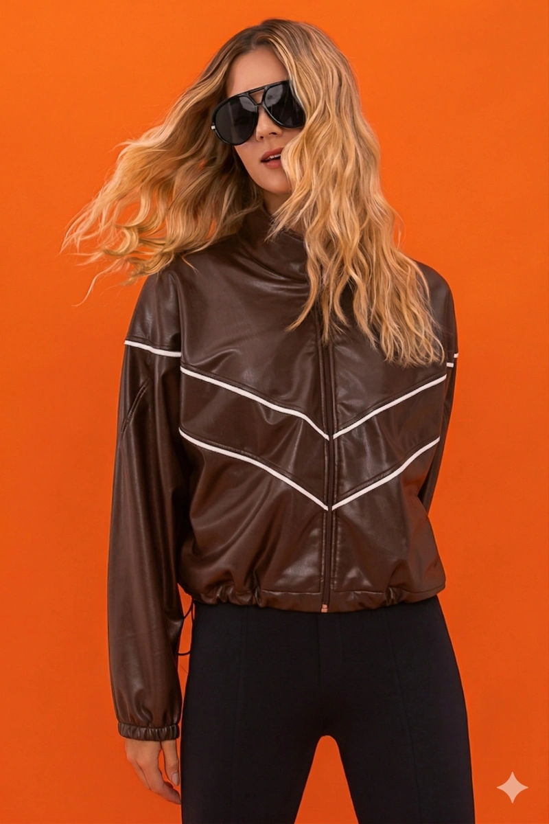 Hidrogênio - Oversized bomber jacket with piping, PU with Lycra, brown - pre-sale - 20755031