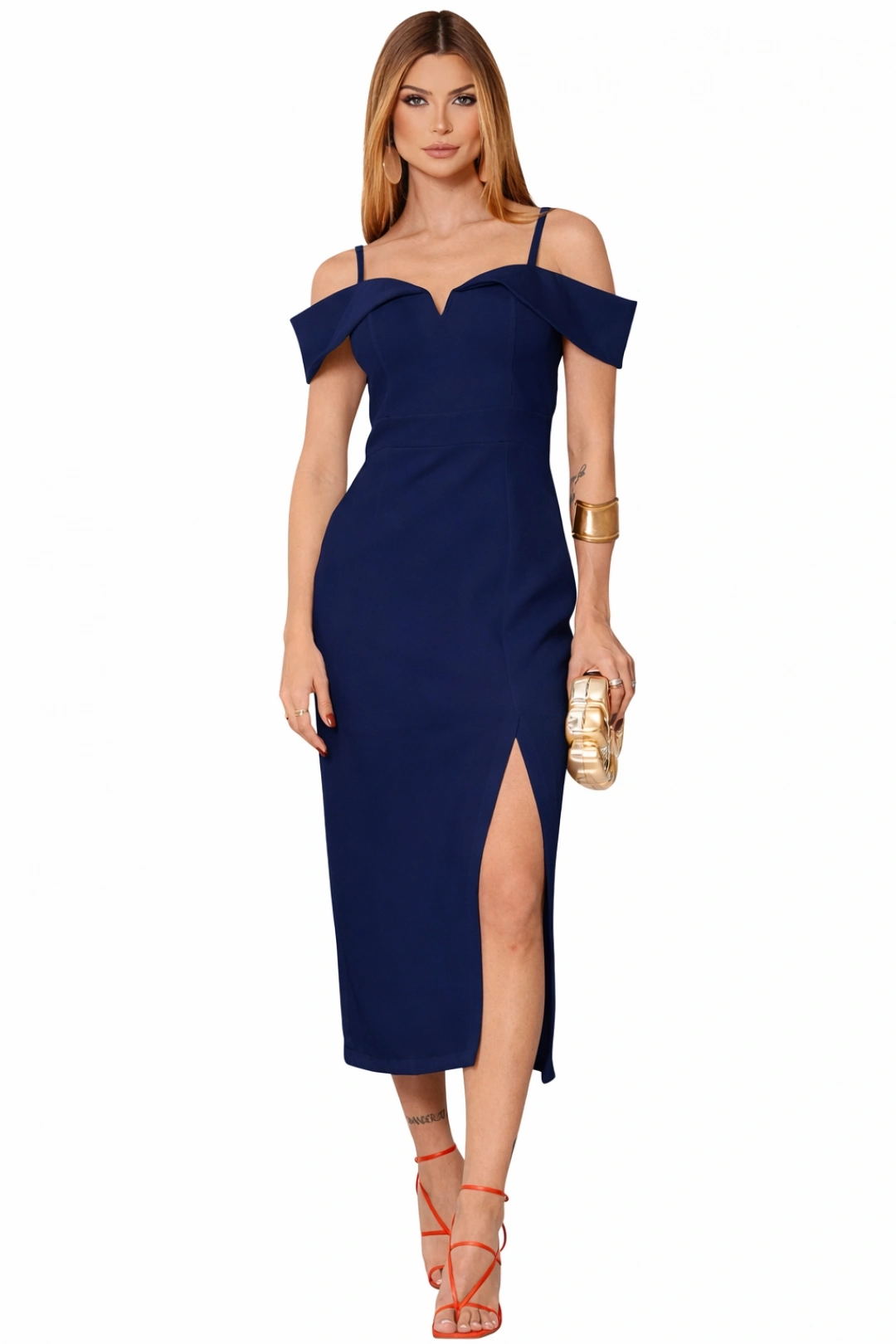 Miss Misses - Clarita Dress, Medium Off-the-Shoulder with Straps, Navy Blue - 54705004