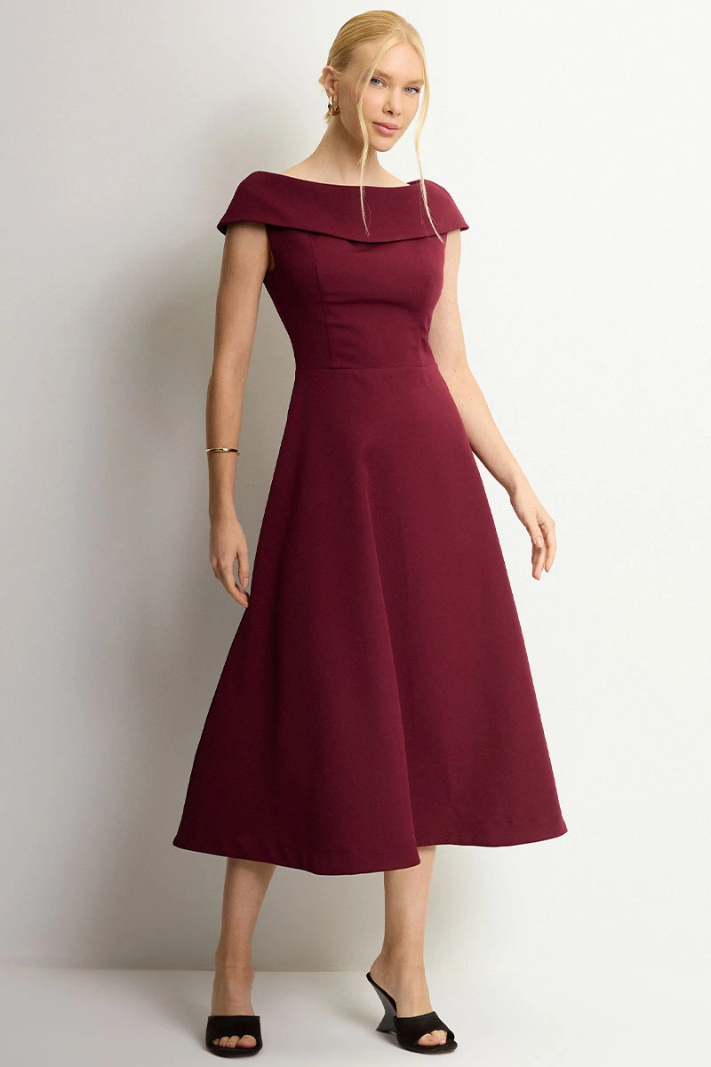 Miss Misses - Vestido Midi Dara Rodado Casamento Civil Ombro a Ombro Vinho - 54793006