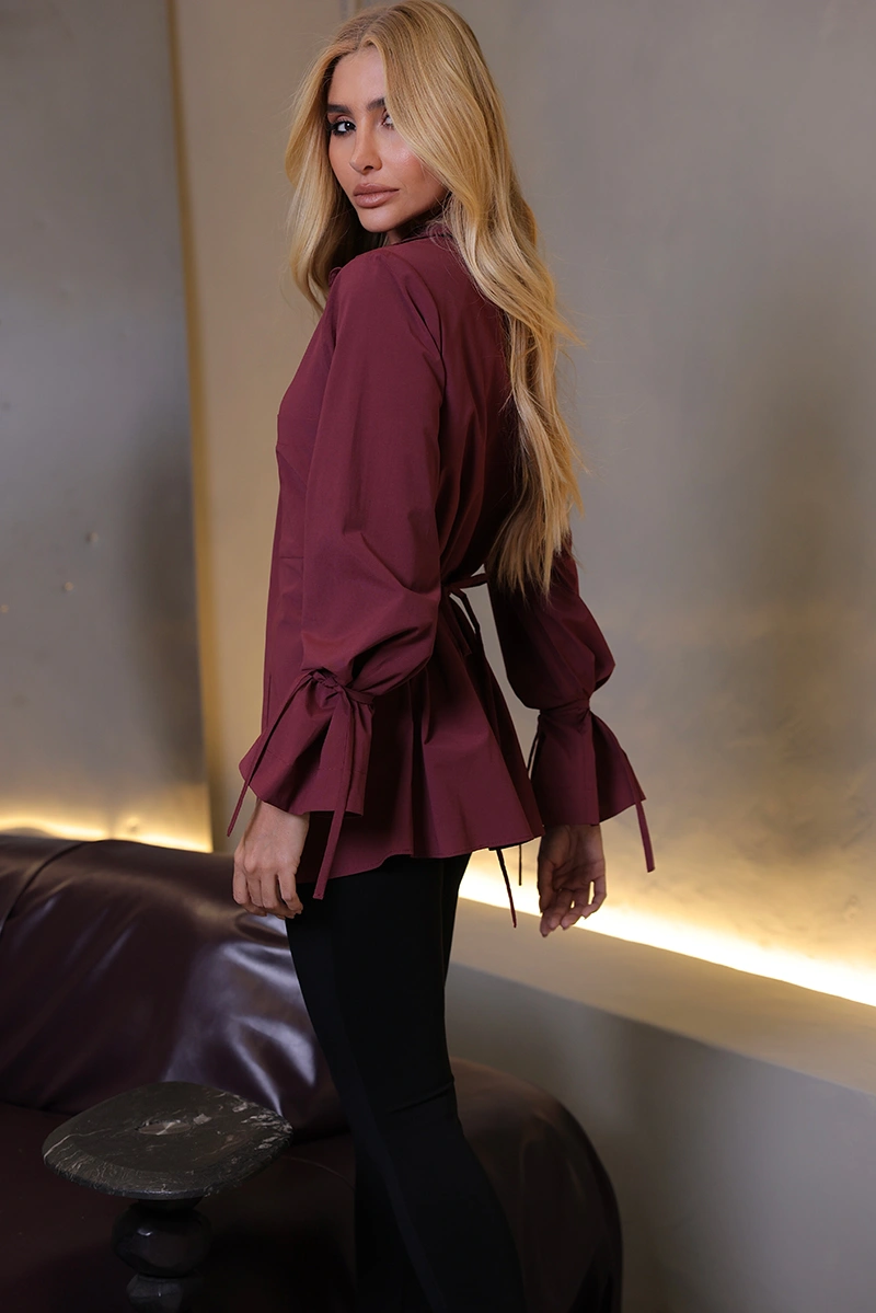 Dot Clothing - Blusa Dot Clothing Vera Manga Longa C/ Tiras Vinho - 2993VERM