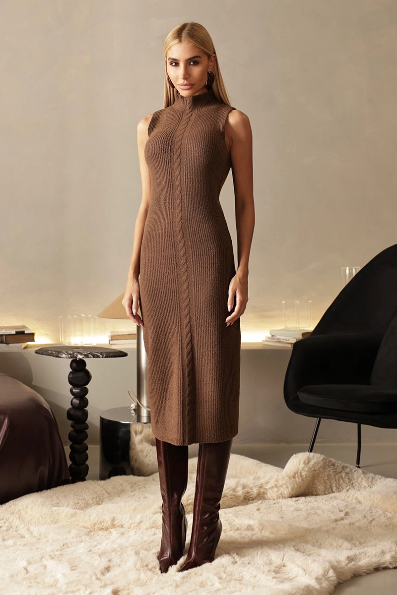 Dot Clothing - Dress Dot Clothing Simone Longuete Brown Knit - T198MARROM