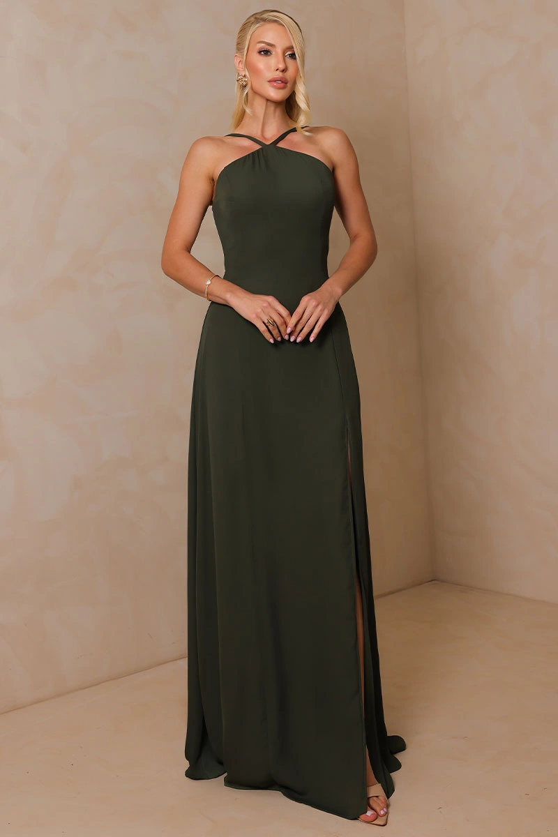 Miss Misses - Vestido Longo Adelaide Com Fenda Verde Musgo - 54784038