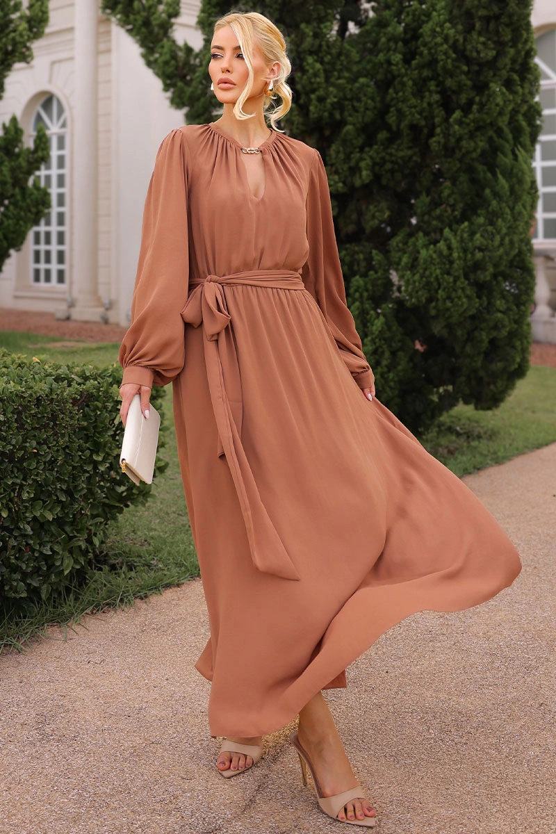 Miss Misses - Vestido Dora Longo Marrom - 54782214