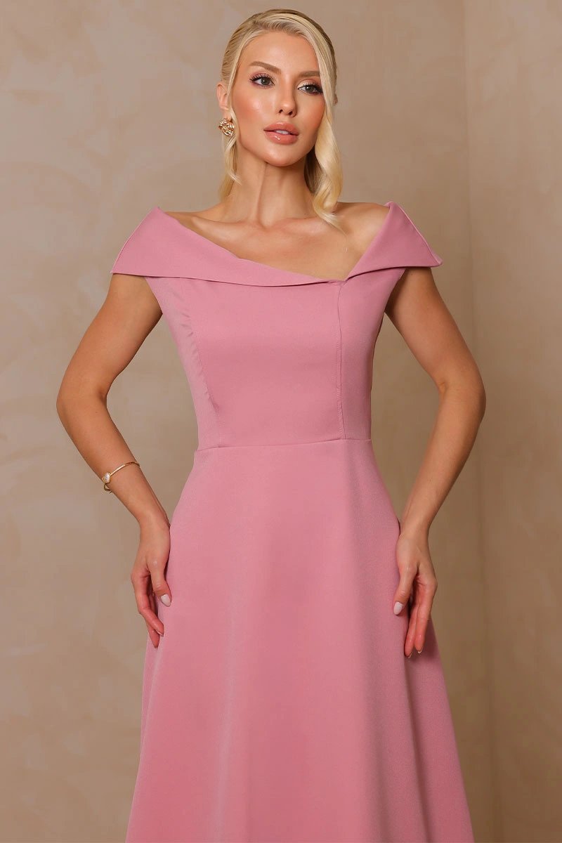 Miss Misses - Vestido Midi Antonia com Decote Ombro a Ombro Assimétrico Rose - 54748031