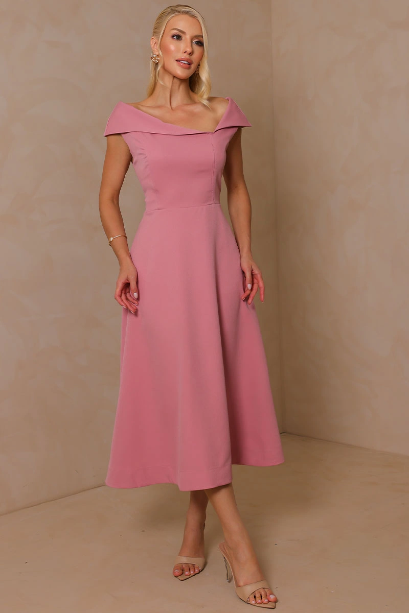Miss Misses - Vestido Midi Antonia com Decote Ombro a Ombro Assimétrico Rose - 54748031