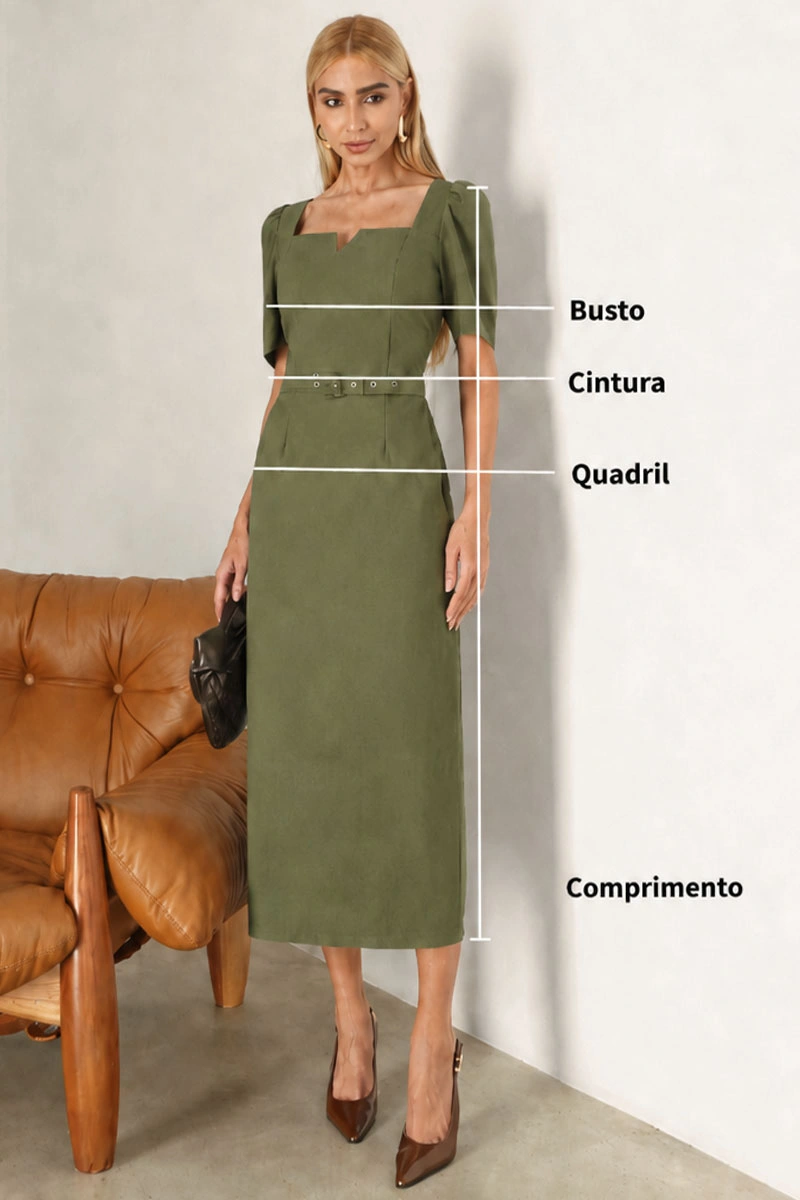 Miss Misses - Vestido Midi Aline Tubinho com Cinto Verde - 54802023