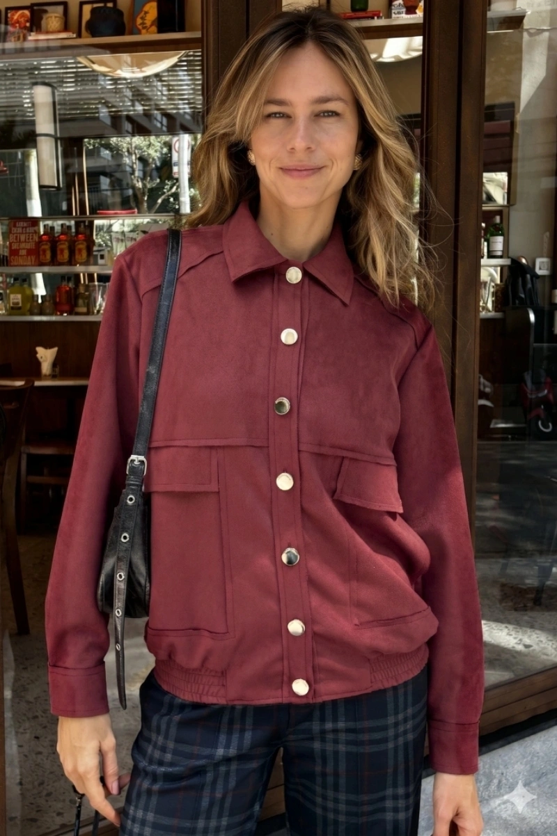 Hidrogênio - Longline bomber jacket with burgundy yarn. - 20708097