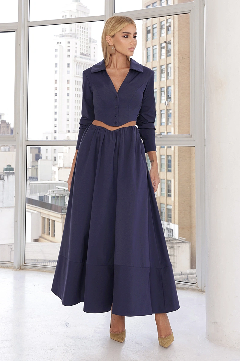 Dot Clothing - Set Dot Clothing Gtank Shirt with A-line Skirt Navy Blue - 3029AZUL