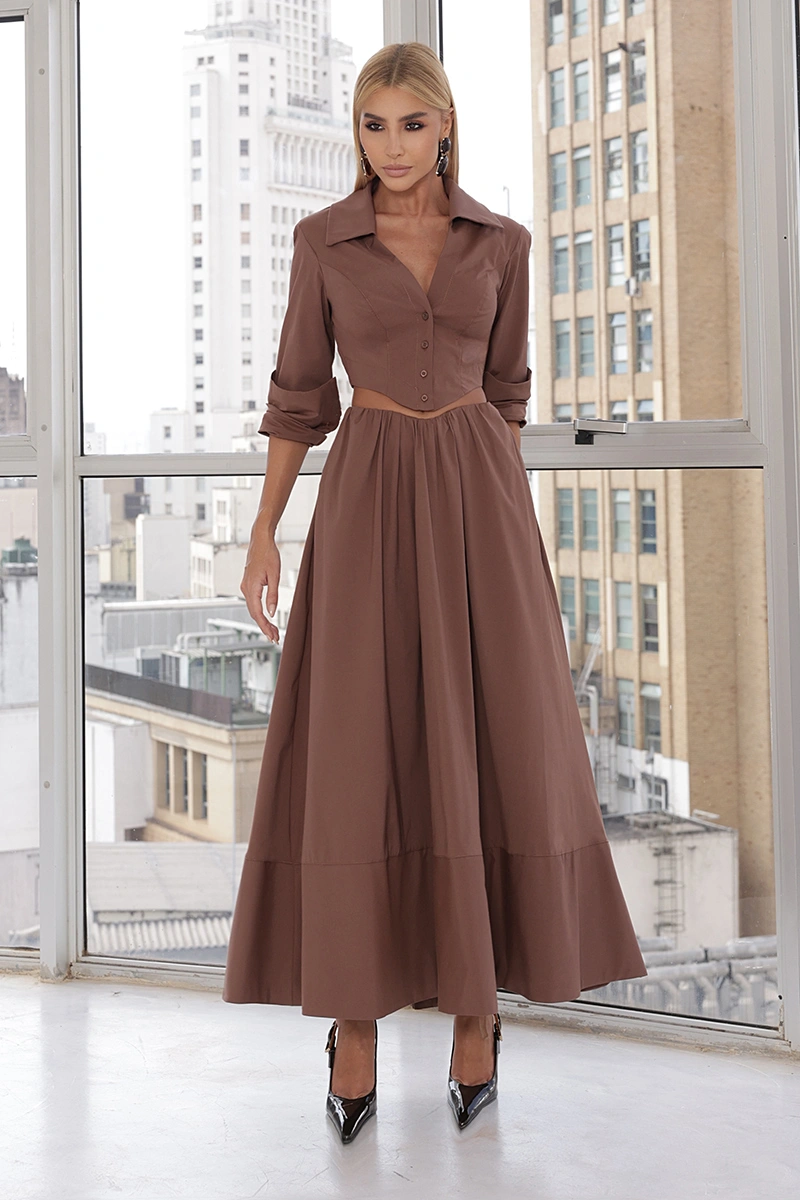 Dot Clothing - Set Dot Clothing Gtank Shirt with Flared Brown Skirt - 3029MARROM