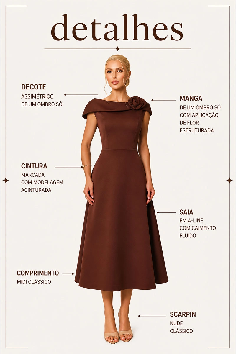 Miss Misses - Vestido Midi Hilda Rodado com Detalhe de Flor Marrom - 54592214