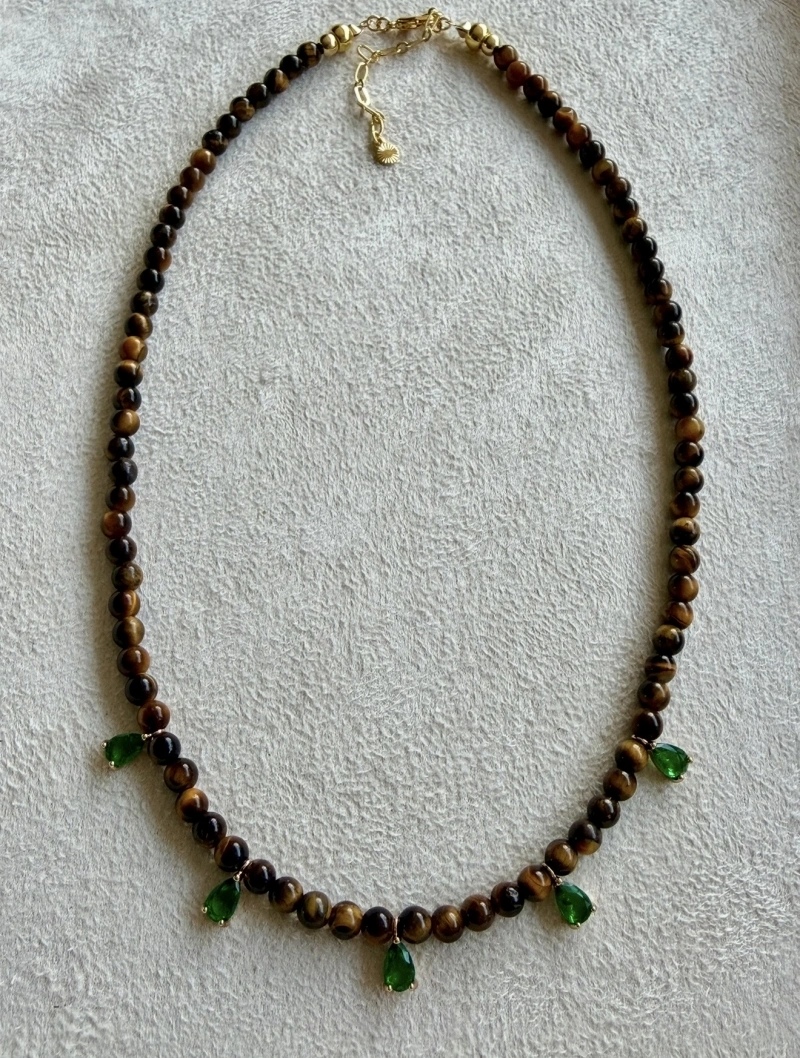 Mikabe - Colar Pedra Olho de Tigre Pingente Zircônia Verde - MK2140