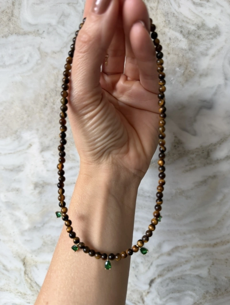 Mikabe - Colar Pedra Olho de Tigre Pingente Zircônia Verde - MK2140