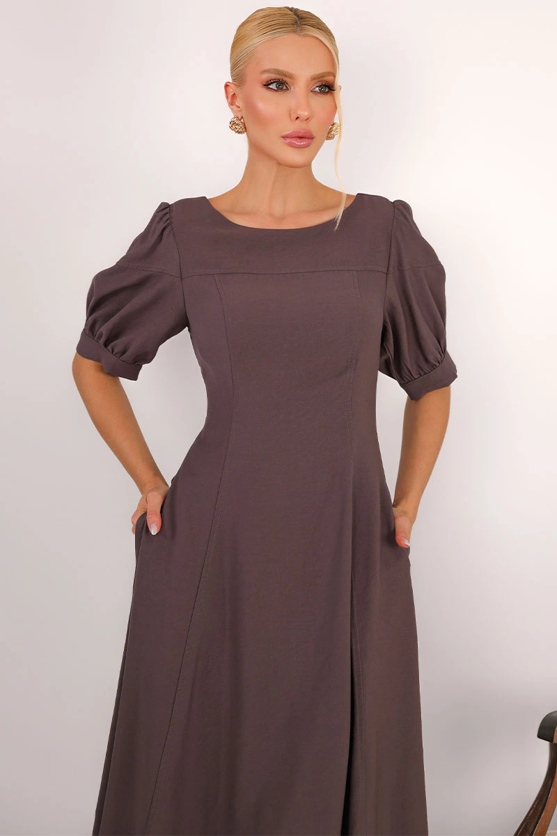 Miss Misses - Vestido Midi Ohana Rodado com Mangas Bufantes Chumbo - 54744022
