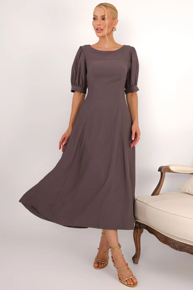 Miss Misses - Vestido Midi Ohana Rodado com Mangas Bufantes Chumbo - 54744022