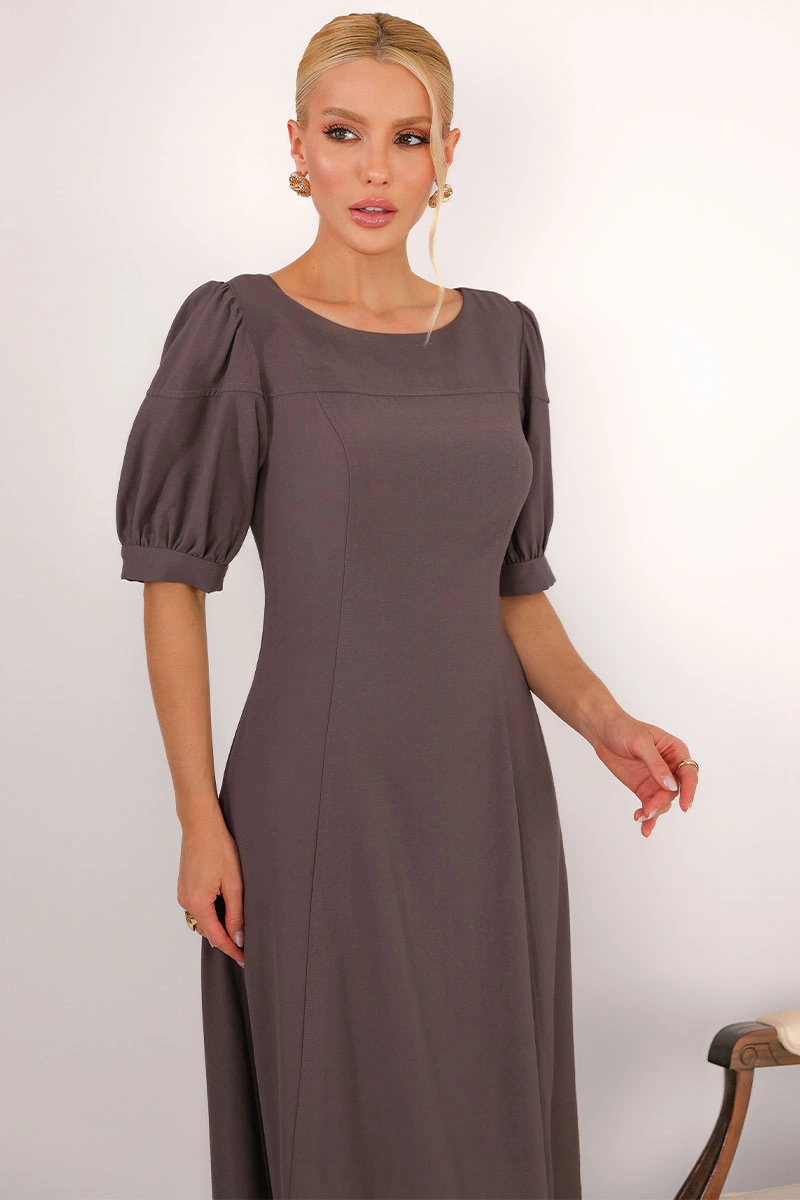 Miss Misses - Vestido Midi Ohana Rodado com Mangas Bufantes Chumbo - 54744022