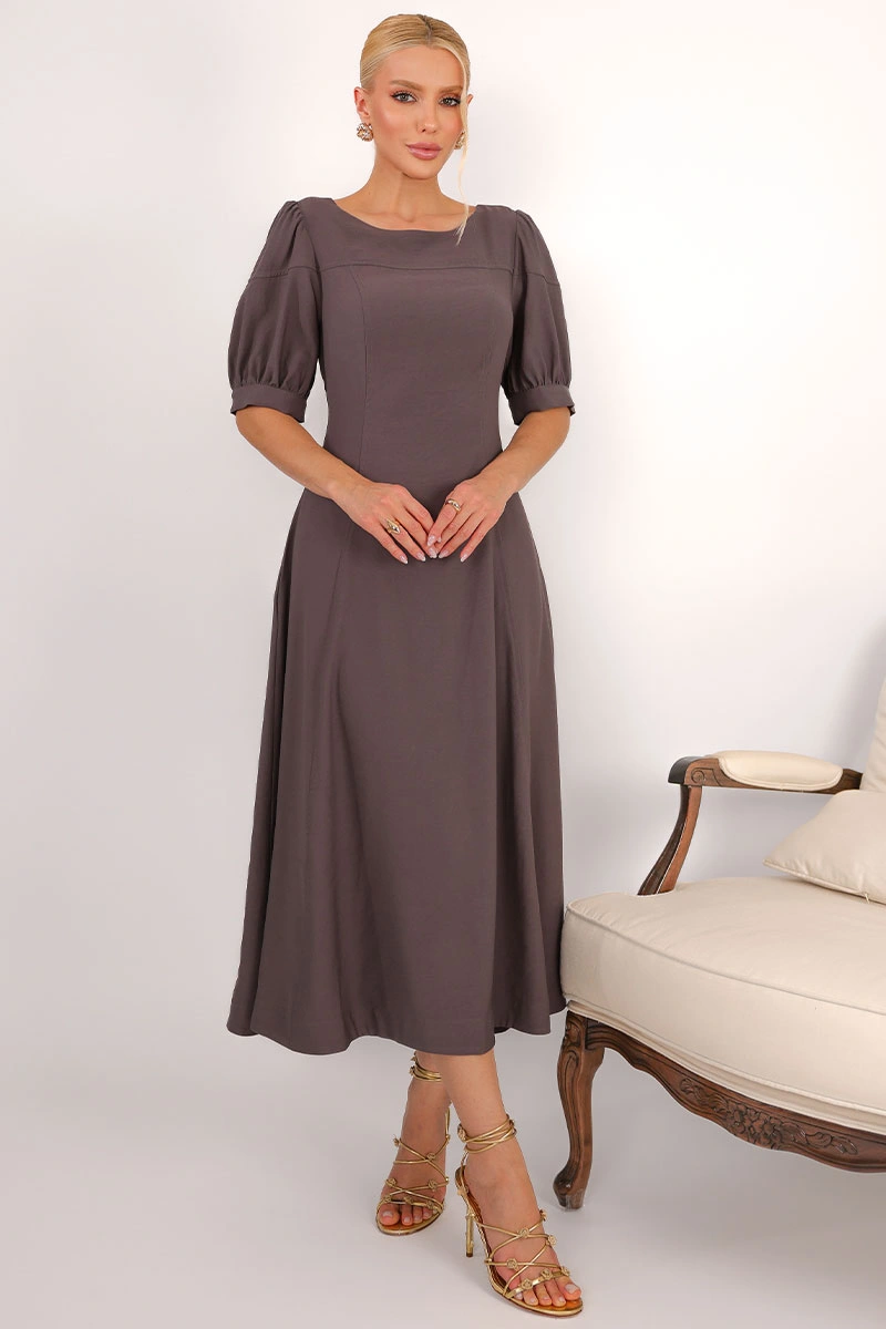 Miss Misses - Vestido Midi Ohana Rodado com Mangas Bufantes Chumbo - 54744022
