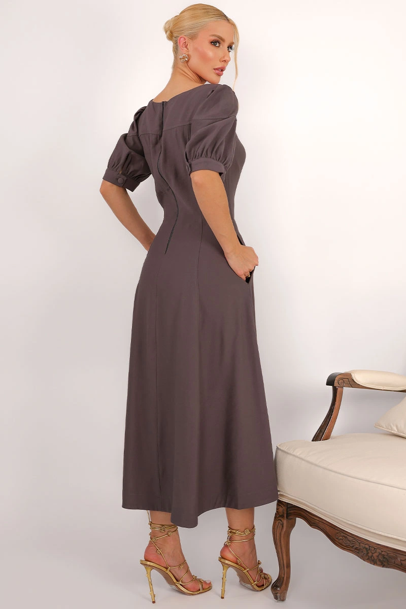 Miss Misses - Vestido Midi Ohana Rodado com Mangas Bufantes Chumbo - 54744022