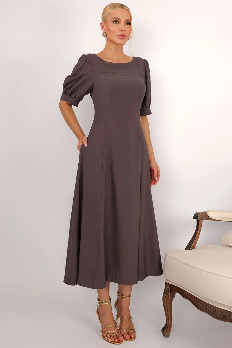 Miss Misses - Vestido Midi Ohana Rodado com Mangas Bufantes Chumbo - 54744022