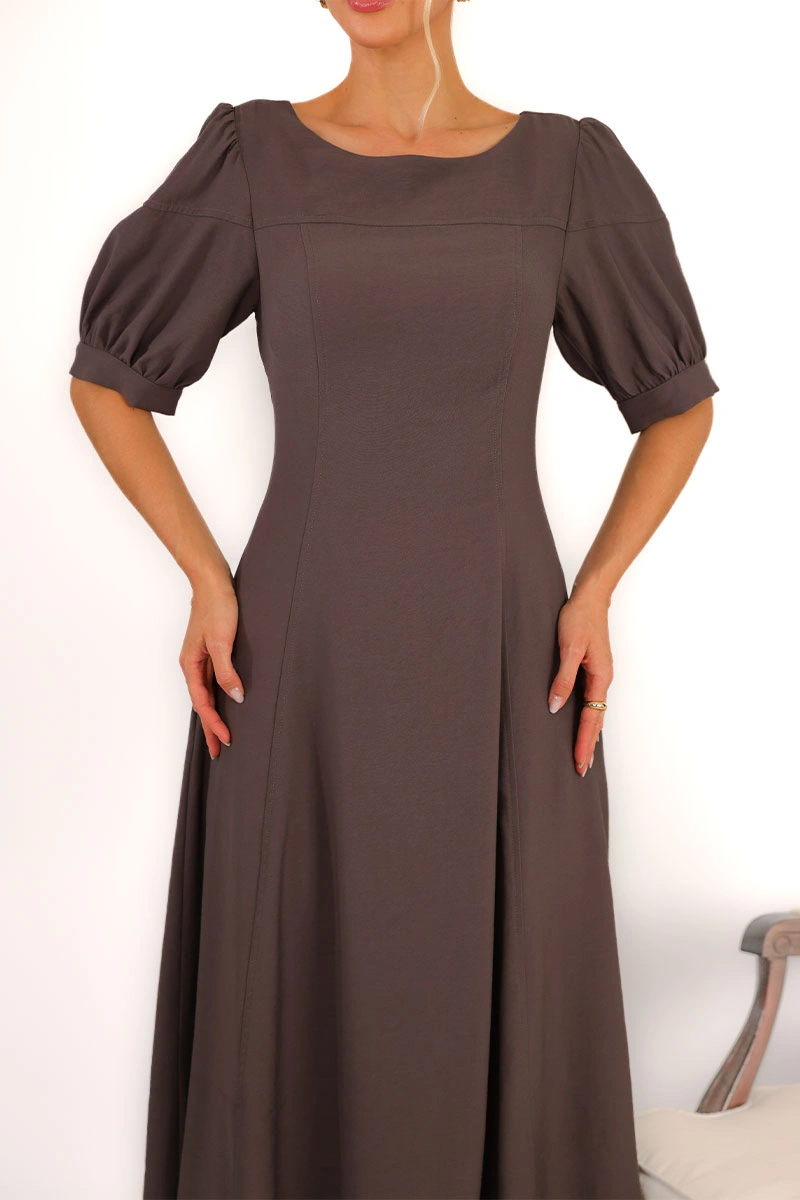 Miss Misses - Vestido Midi Ohana Rodado com Mangas Bufantes Chumbo - 54744022