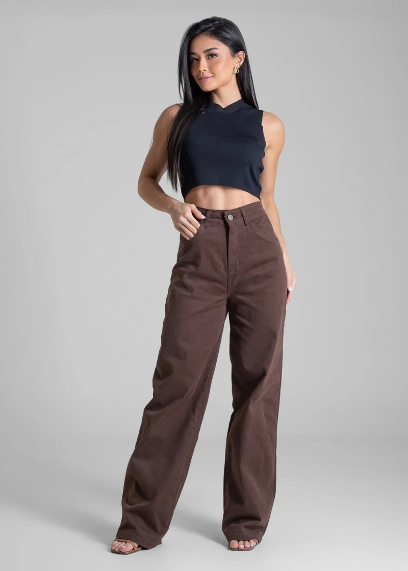 Sawary - Calça Sarja Sawary Wide Leg Marrom- 283188 - 283188