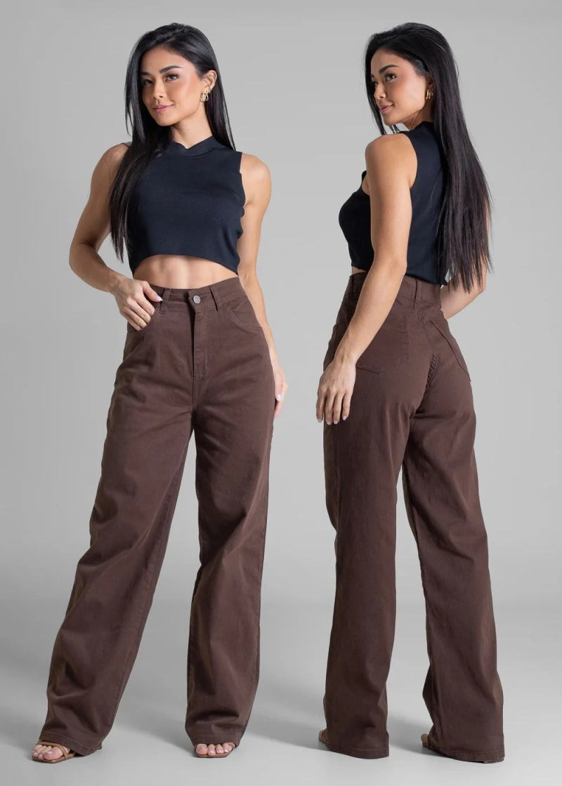 Sawary - Calça Sarja Sawary Wide Leg Marrom- 283188 - 283188