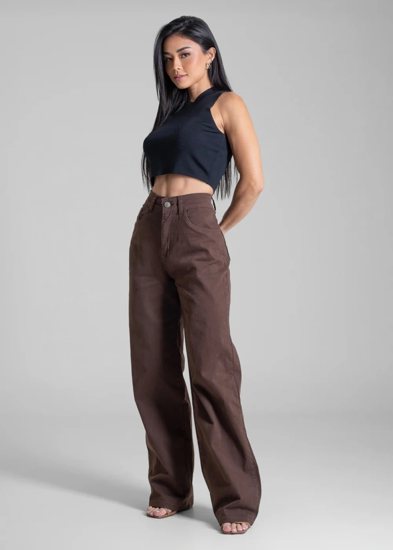 Sawary - Calça Sarja Sawary Wide Leg Marrom- 283188 - 283188
