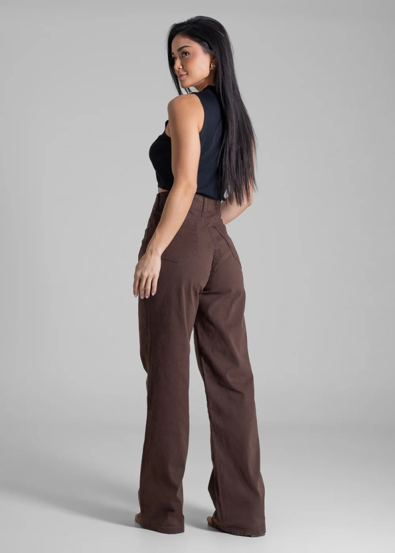 Sawary - Calça Sarja Sawary Wide Leg Marrom- 283188 - 283188