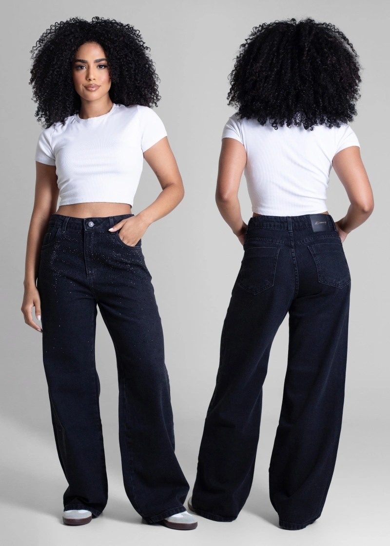 Sawary - Calça Jeans Sawary Super Wide Leg Brilho - 283043 - 283043