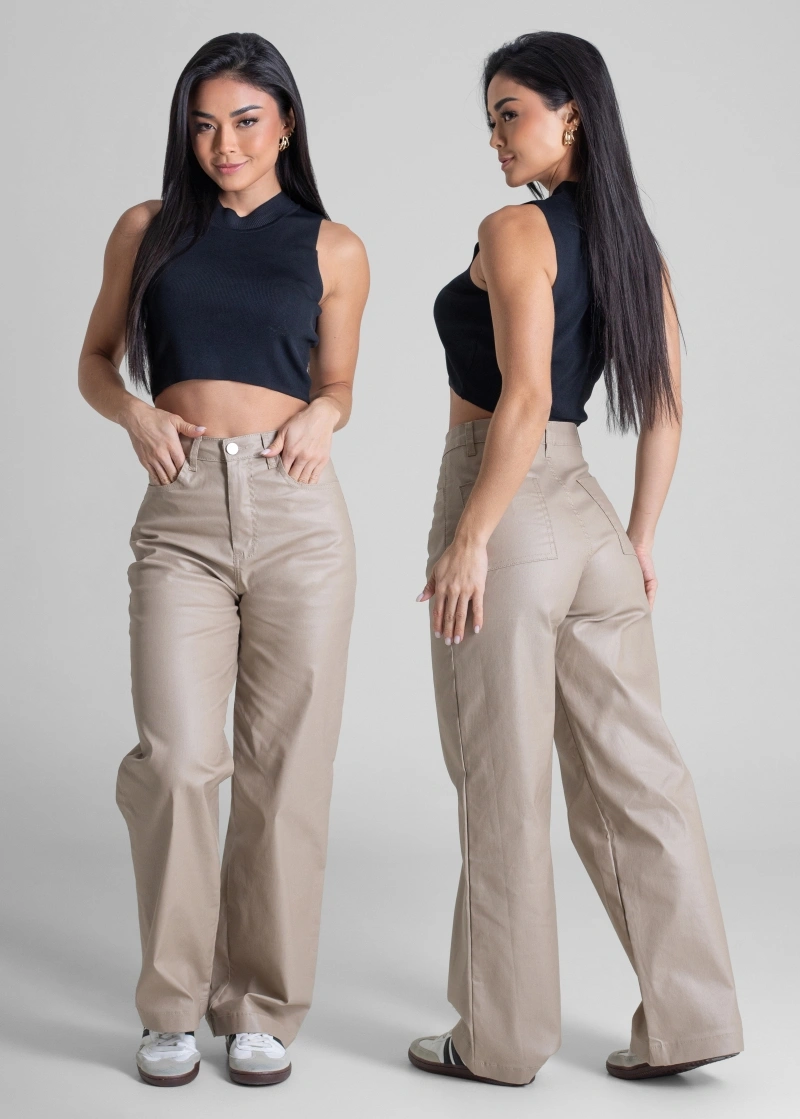Sawary - Calça Resinada Sawary Wide Leg Petit Bege - 283222 - 283222