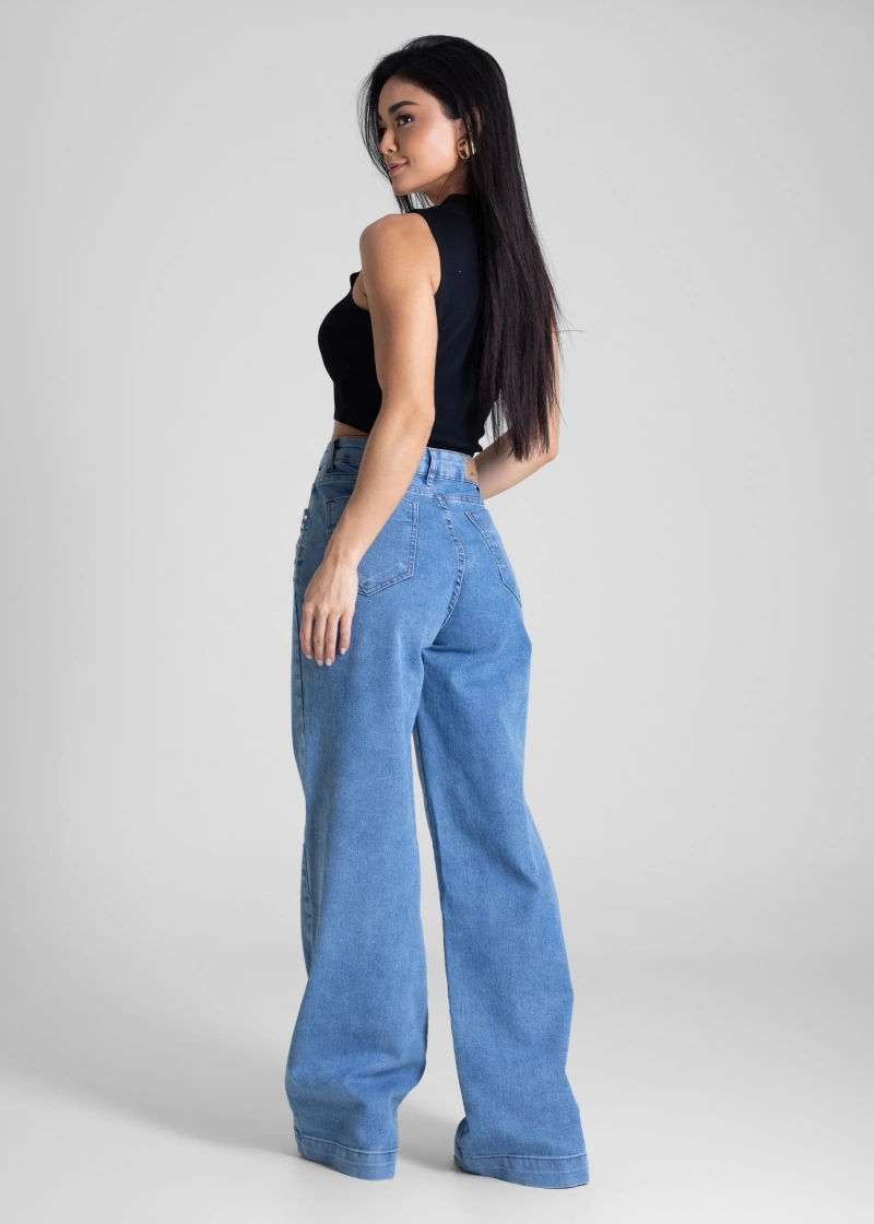 Sawary - Calça Jeans Sawary Wide Leg Strass Azul - 283416 - 283416