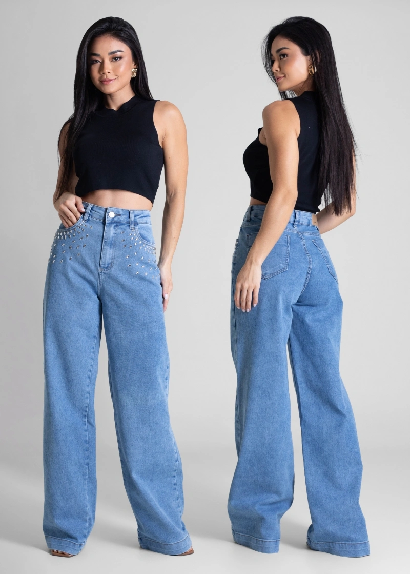 Sawary - Calça Jeans Sawary Wide Leg Strass Azul - 283416 - 283416