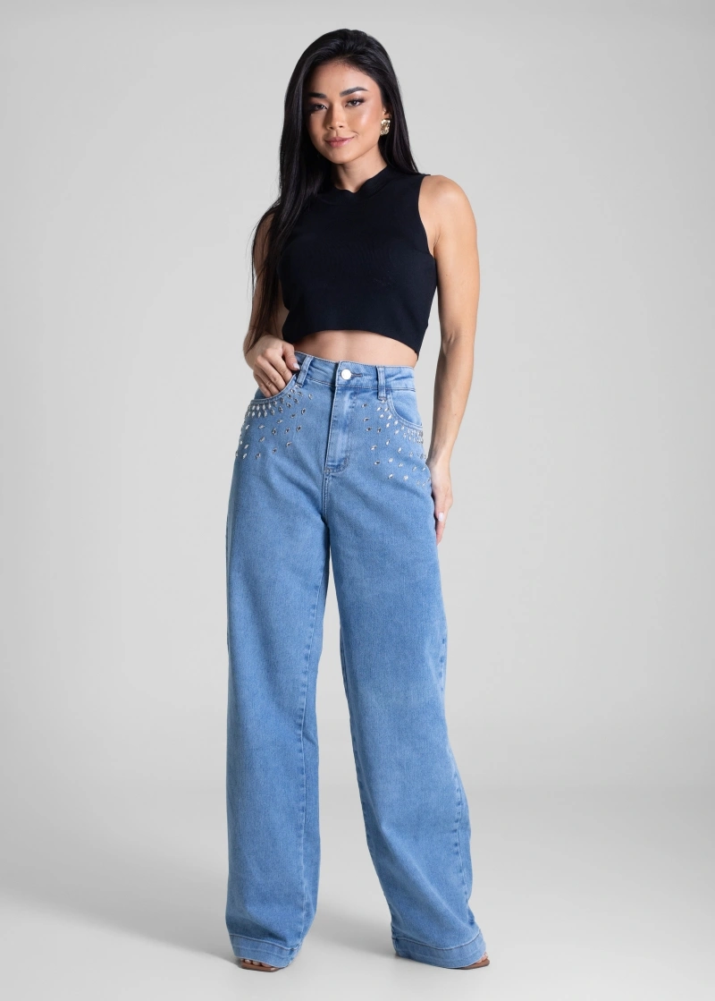 Sawary - Calça Jeans Sawary Wide Leg Strass Azul - 283416 - 283416