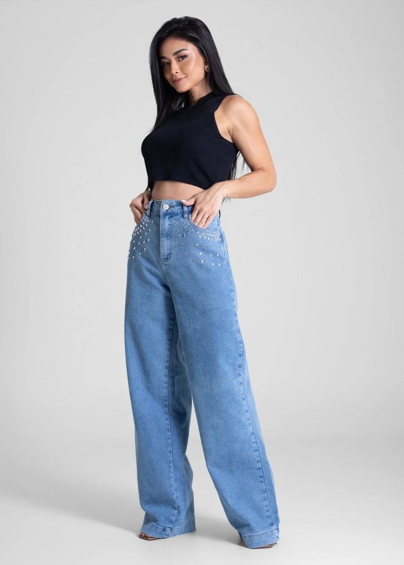 Sawary - Calça Jeans Sawary Wide Leg Strass Azul - 283416 - 283416