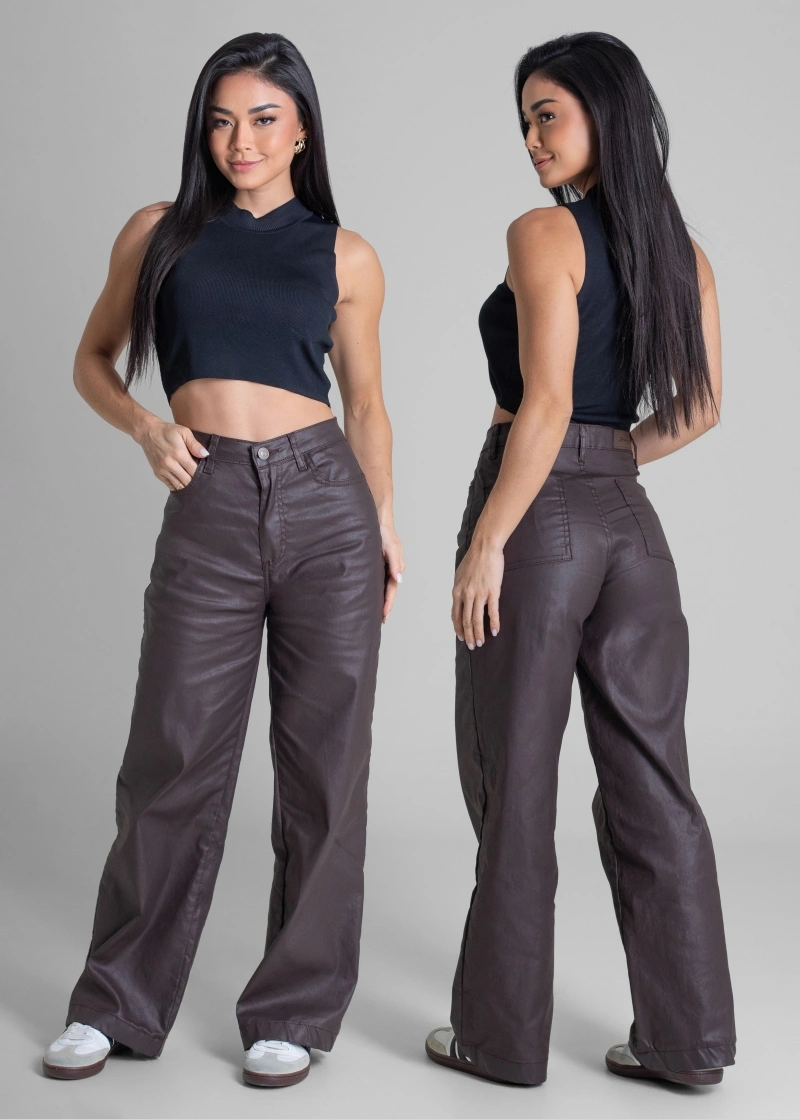 Sawary - Calça Resinada Sawary Wide Leg Petit Marrom - 283294 - 283294
